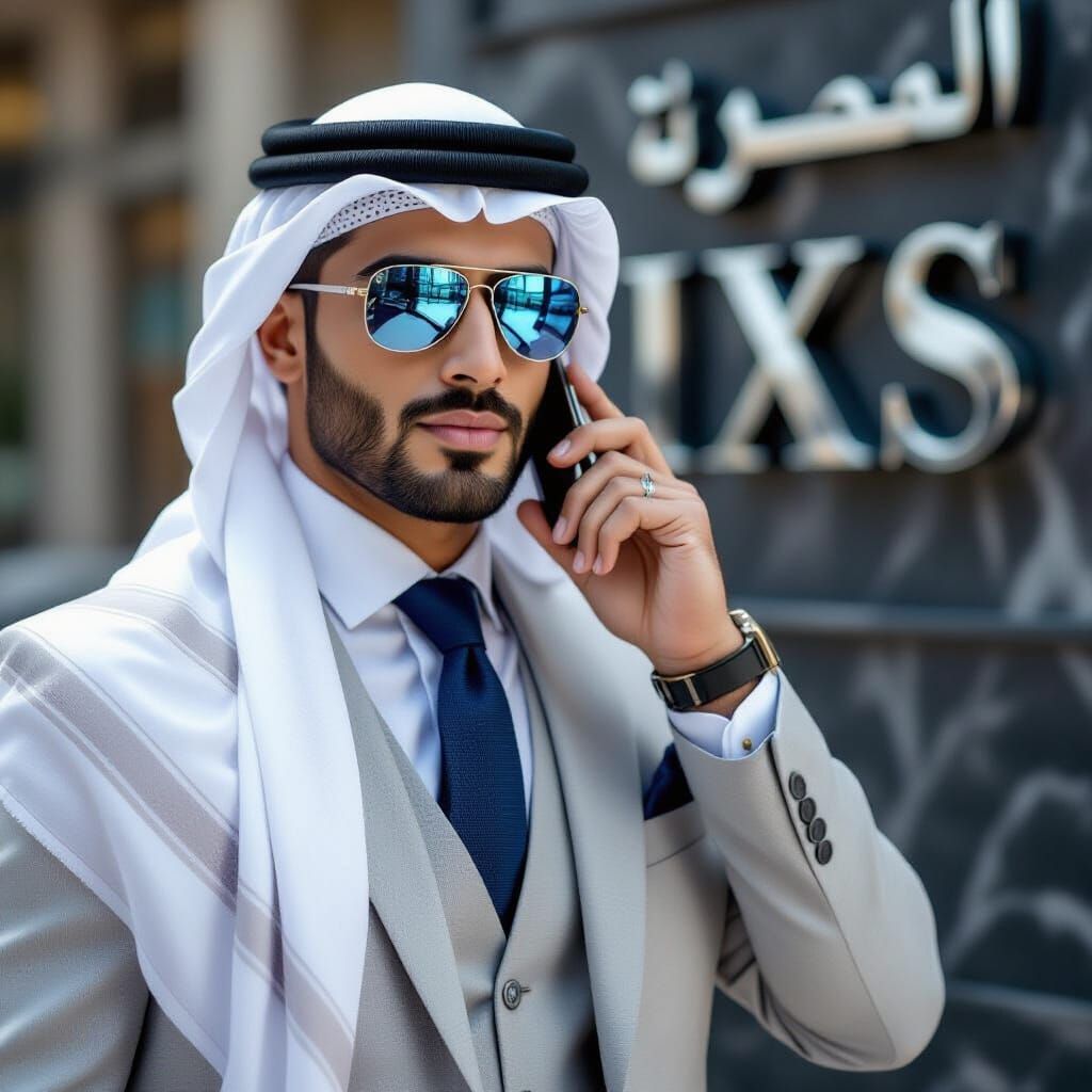 Stylish Arabic Man in Silver Suit Talking on Phone