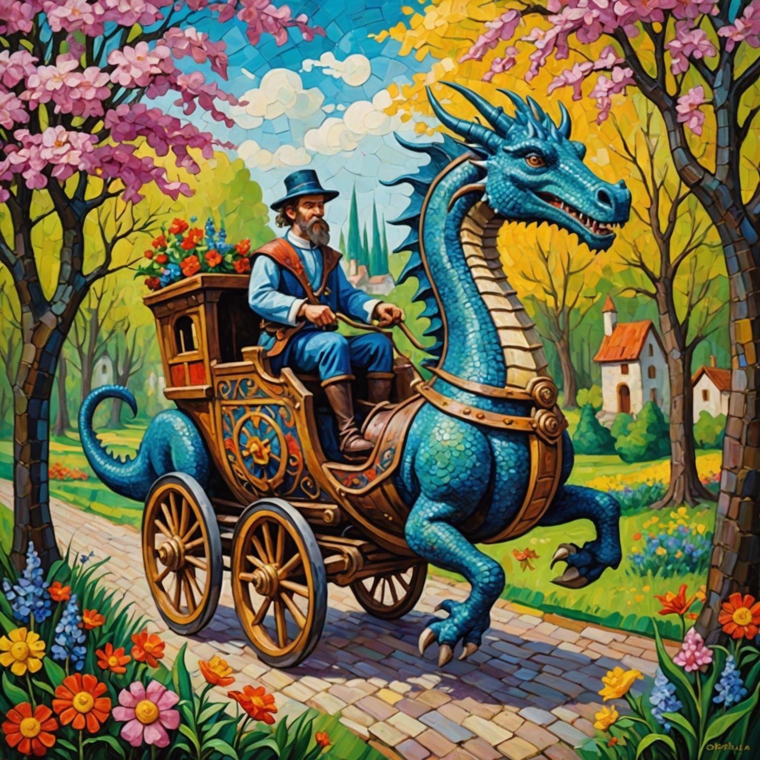 Dragon Chariot and Plague Doctor in Impressionistic Style