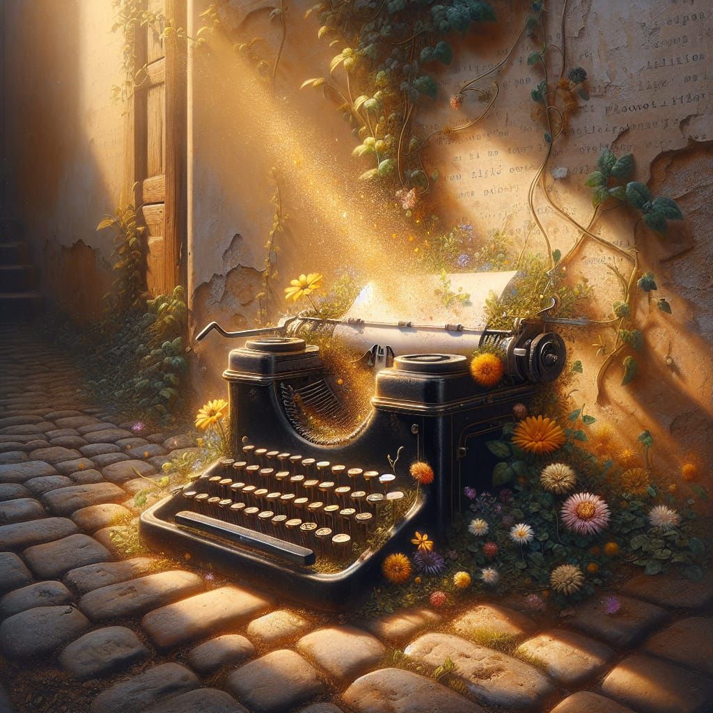 Abandoned Typewriter Blooms in Sunlit Courtyard