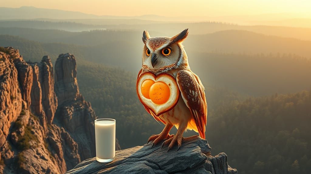 Breakfast Owl on Rocky Precipice: Astral Illustration