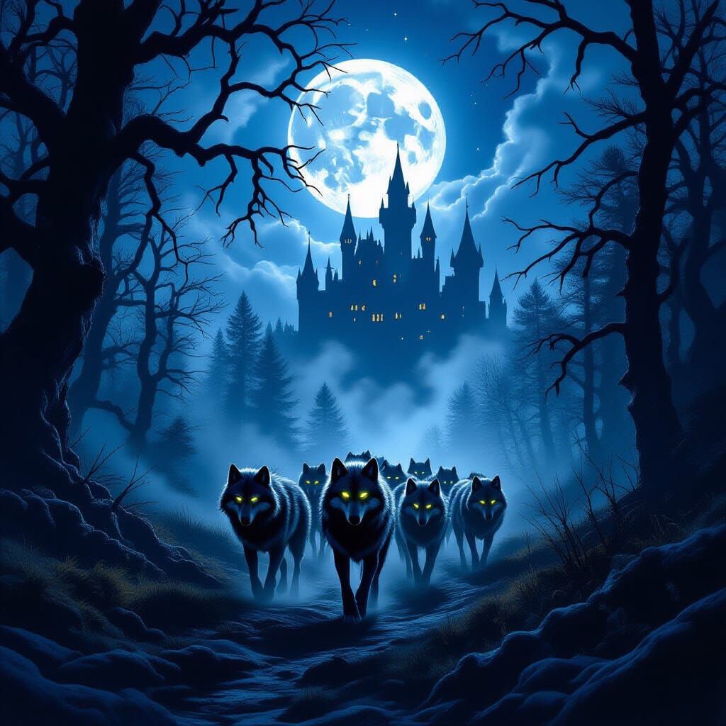 Wolves in Moonlit Forest Near Dracula's Castle