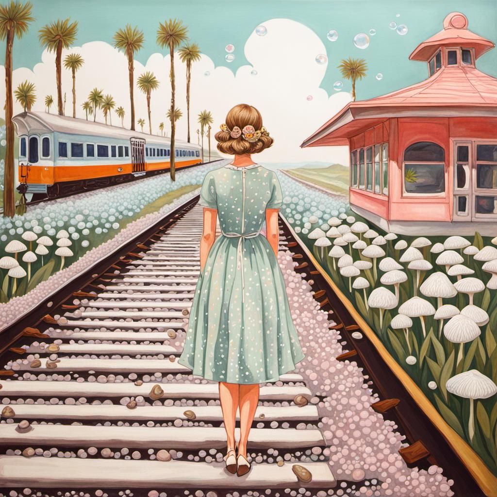 Girl Waits at Surreal Vintage Train Station
