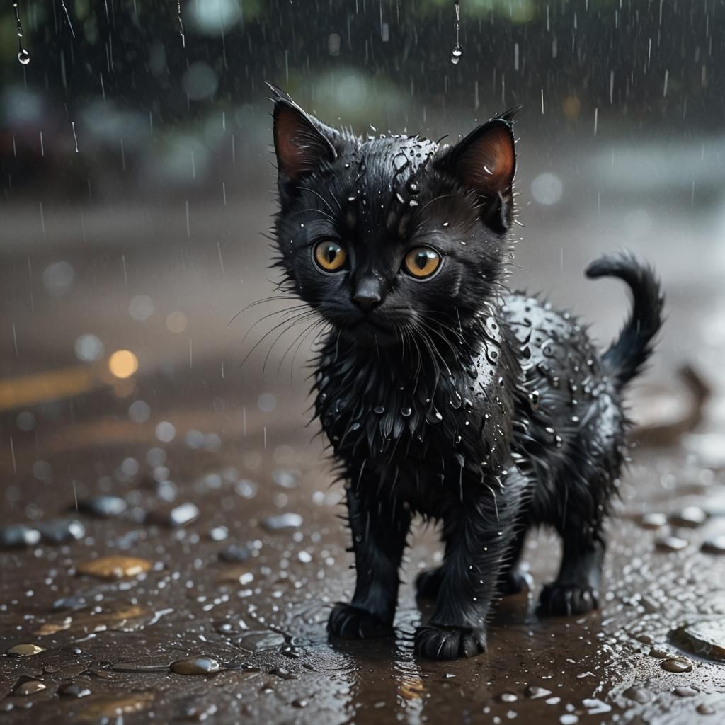 Sad Kitten in Rain: Hyperdetailed Concept Art