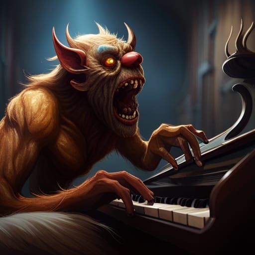 Bugbear Screaming at Piano: Detailed Fantasy Art