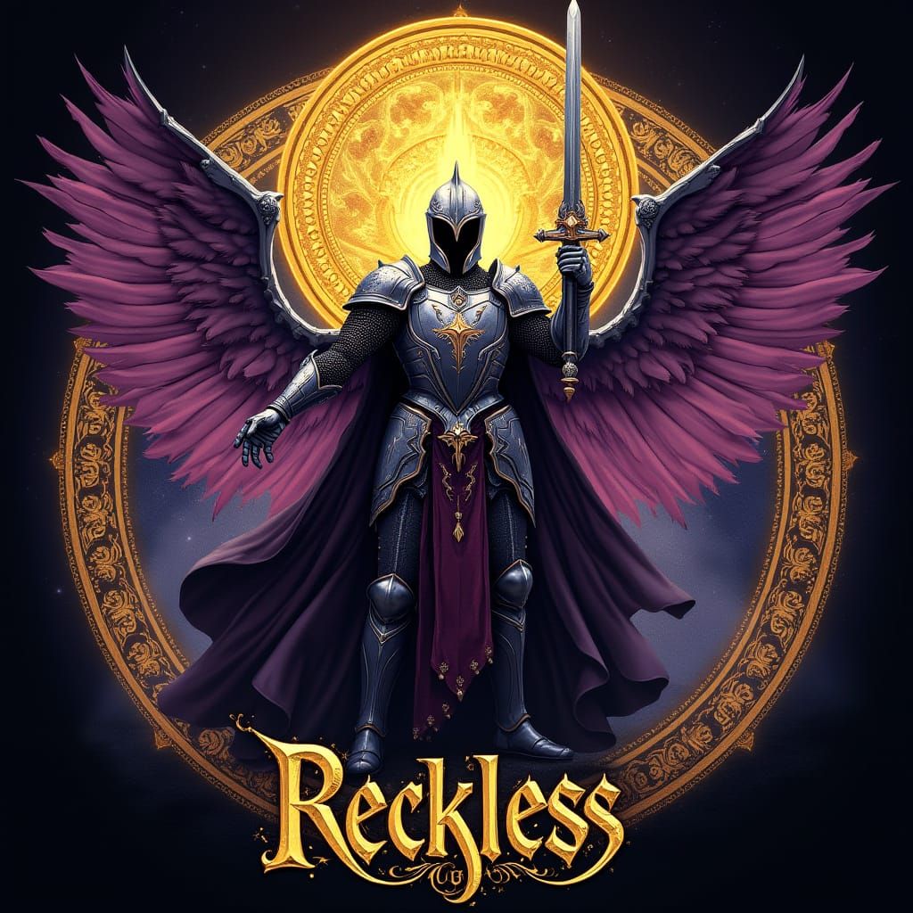 Heroic Knight Emblazoned with Reckless in Gothic Art Nouveau...