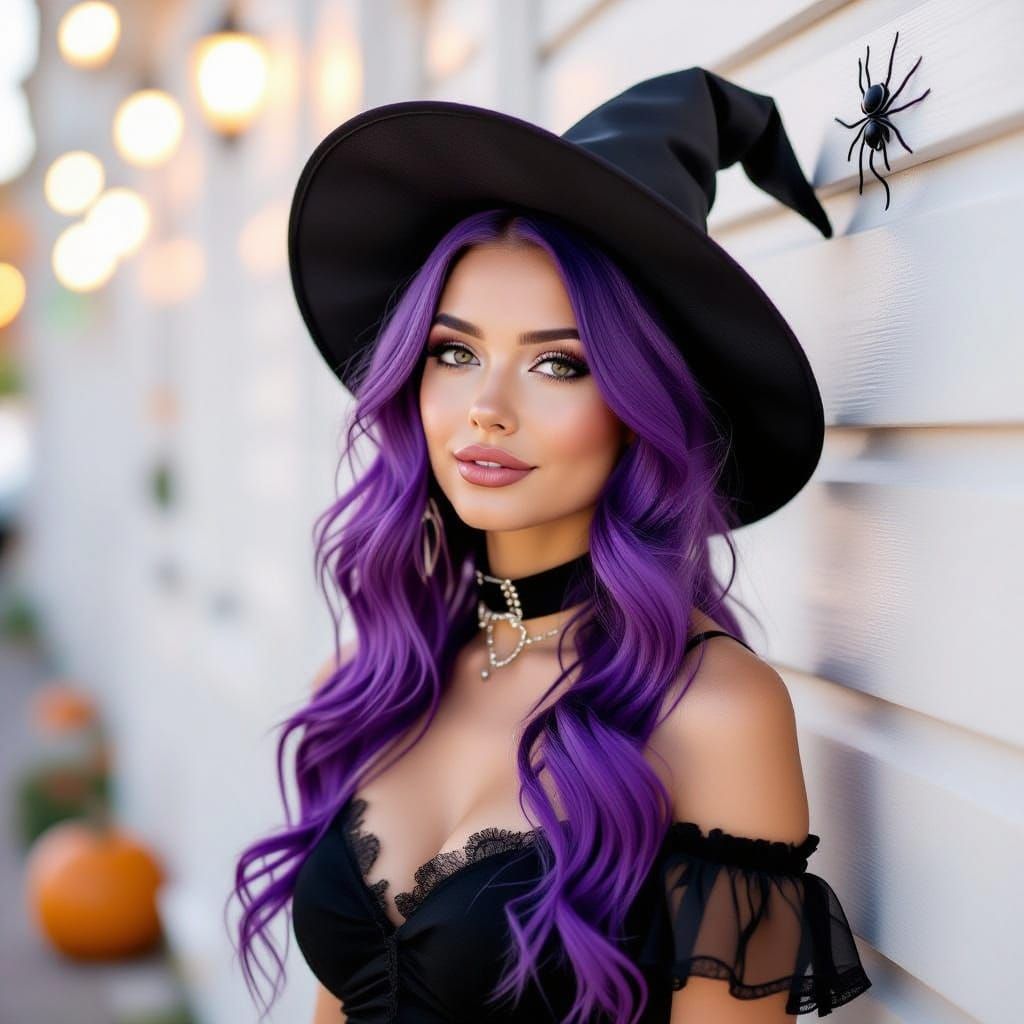 Attractive Woman with Purple Hair at Halloween Party