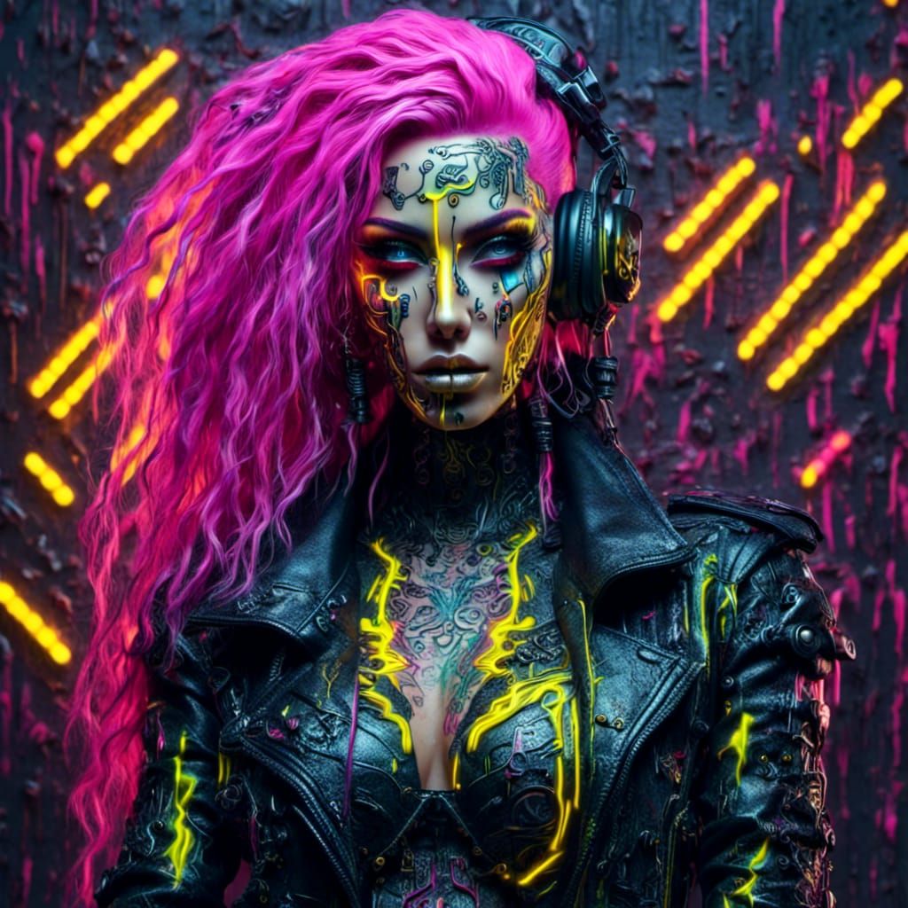 Cyberpunk Woman with Neon Tattoos in Impasto Style