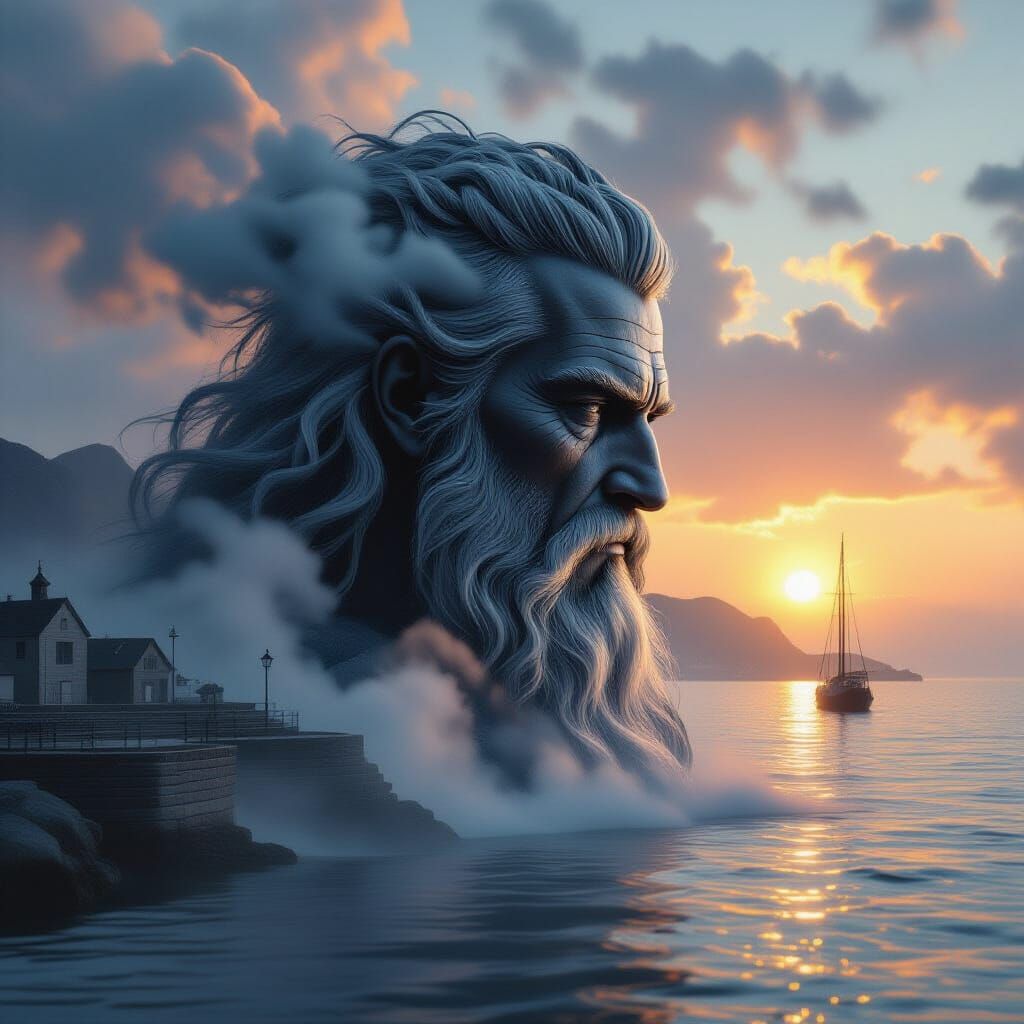 Odin's Head Blends with Misty Kattegat Harbor at Sunset