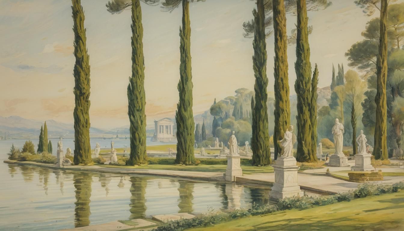 Seaside Park with Roman Statues in Watercolor Style
