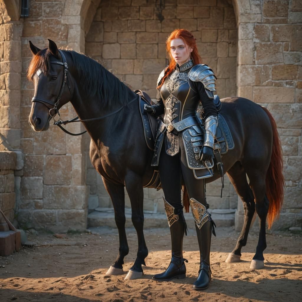 Fantasy Anime Heroine Stands Beside Majestic Black Horse