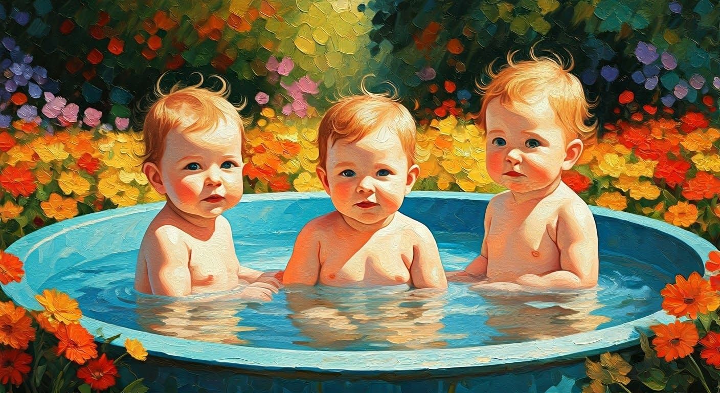 Babies in Pool, Impressionist Oil Painting after Van Gogh