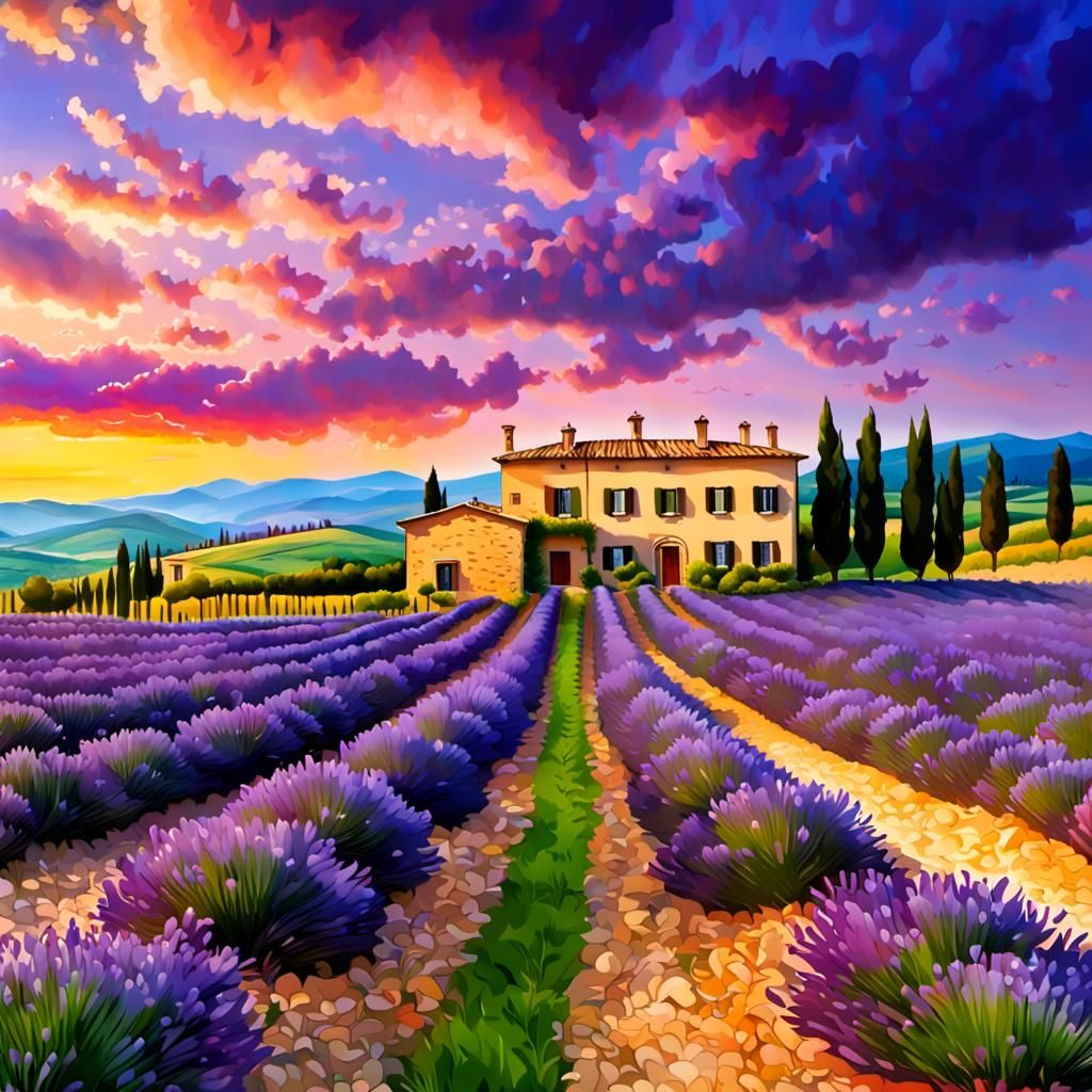 Tuscan Lavender Field at Sunset