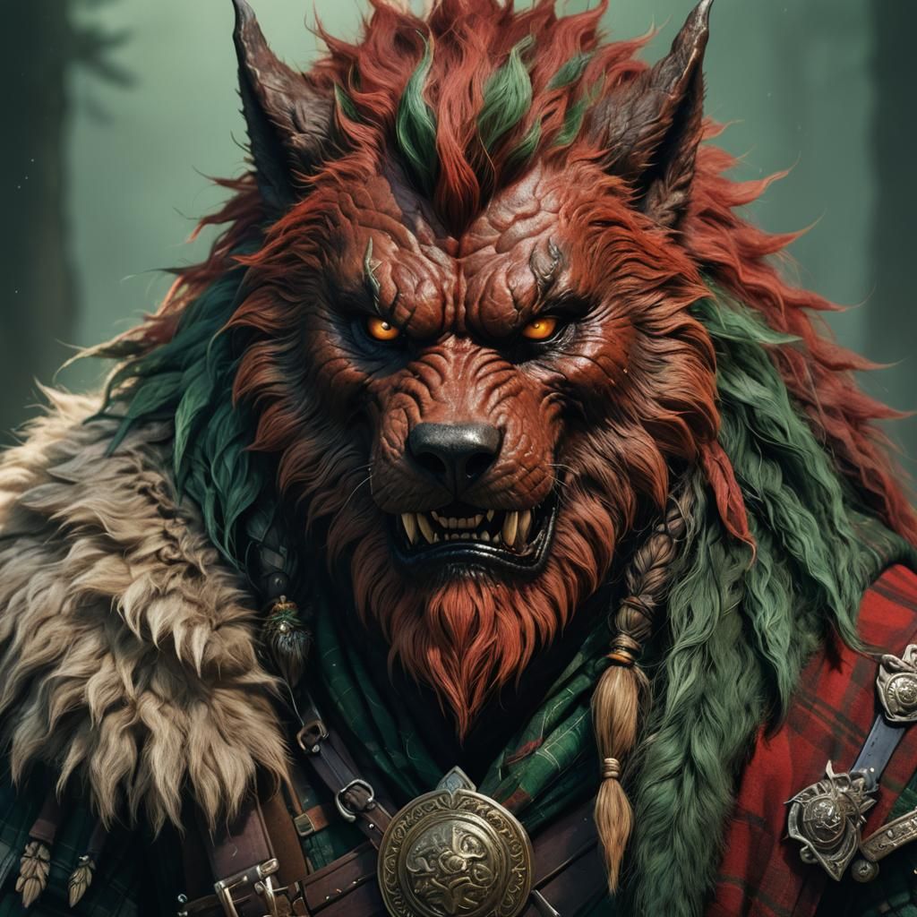 Red-Furred Werewolf in Kilt: Fantasy Portrait