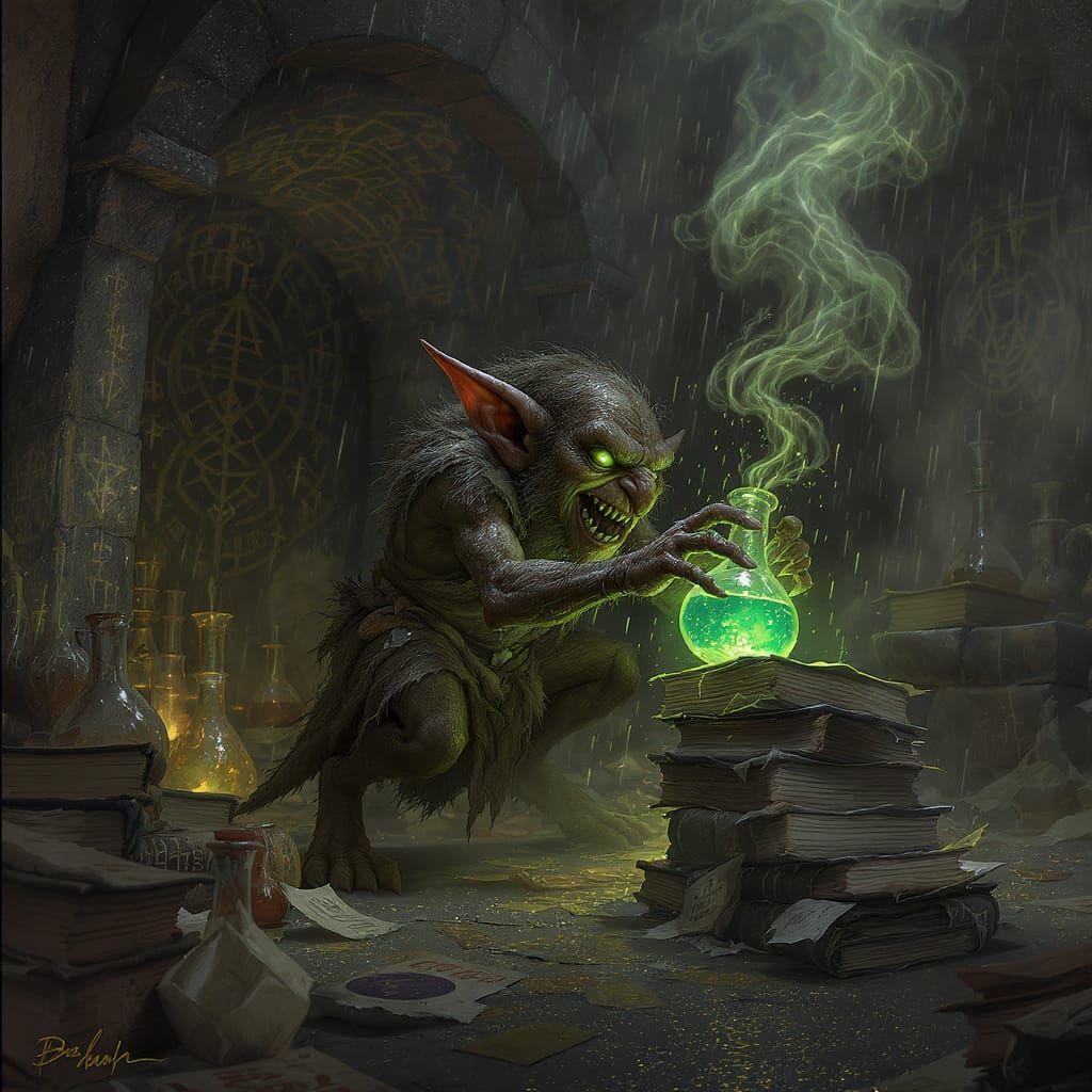 Mischievous Goblin Steals Glowing Potion in Dark Fantasy Lab