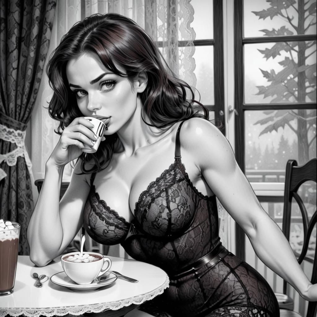 Woman with Hot Chocolate: Black and White Comic Art