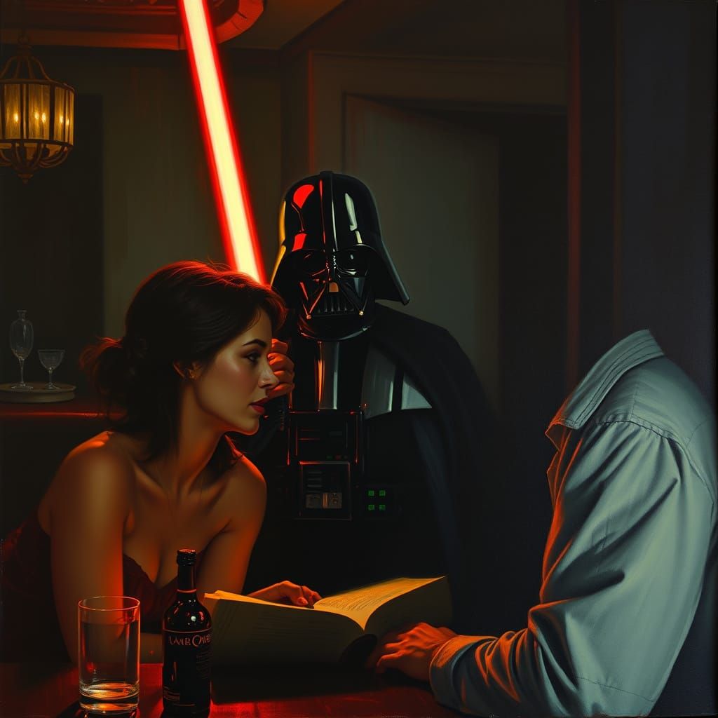 Noir Oil Painting of a Mysterious Encounter with Darth Vader