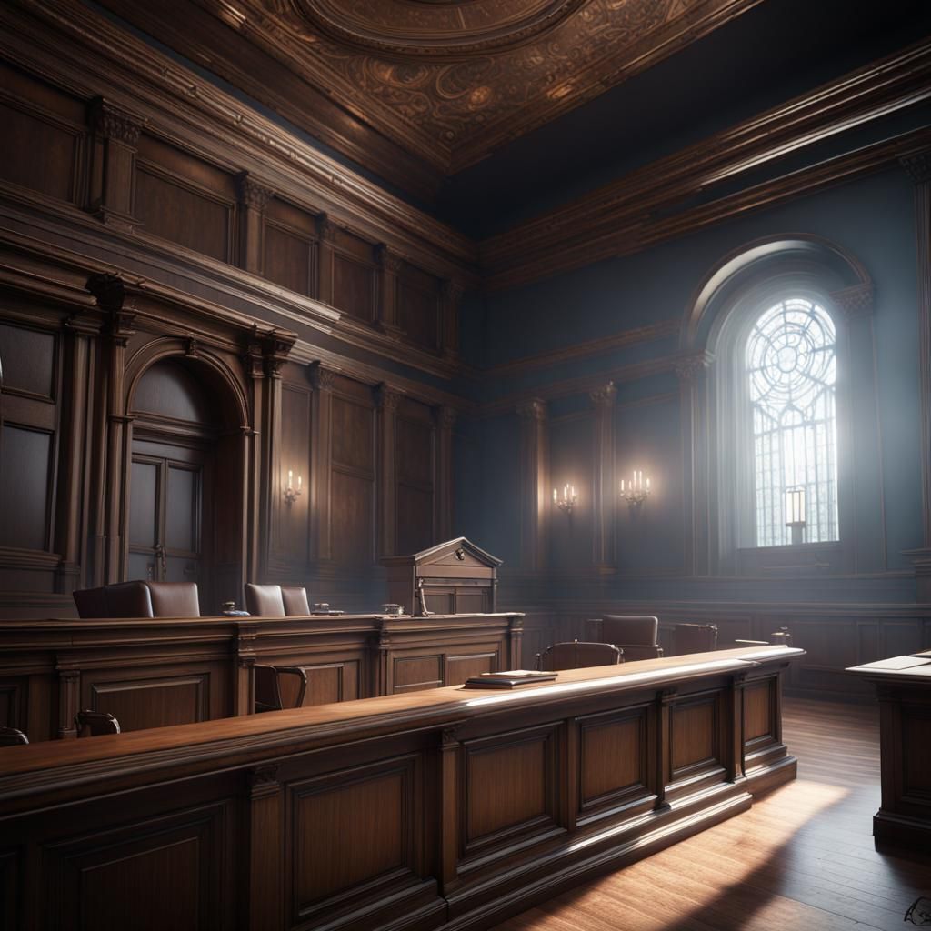 Ghostly Courtroom in 3D Game Cinematic Style