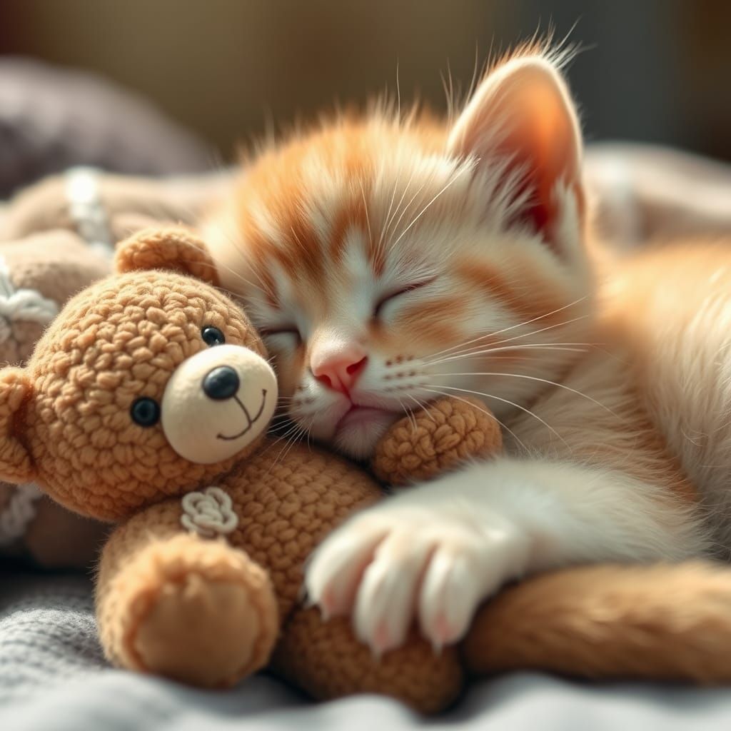 Sleeping Kitten Cuddling a Teddy Bear