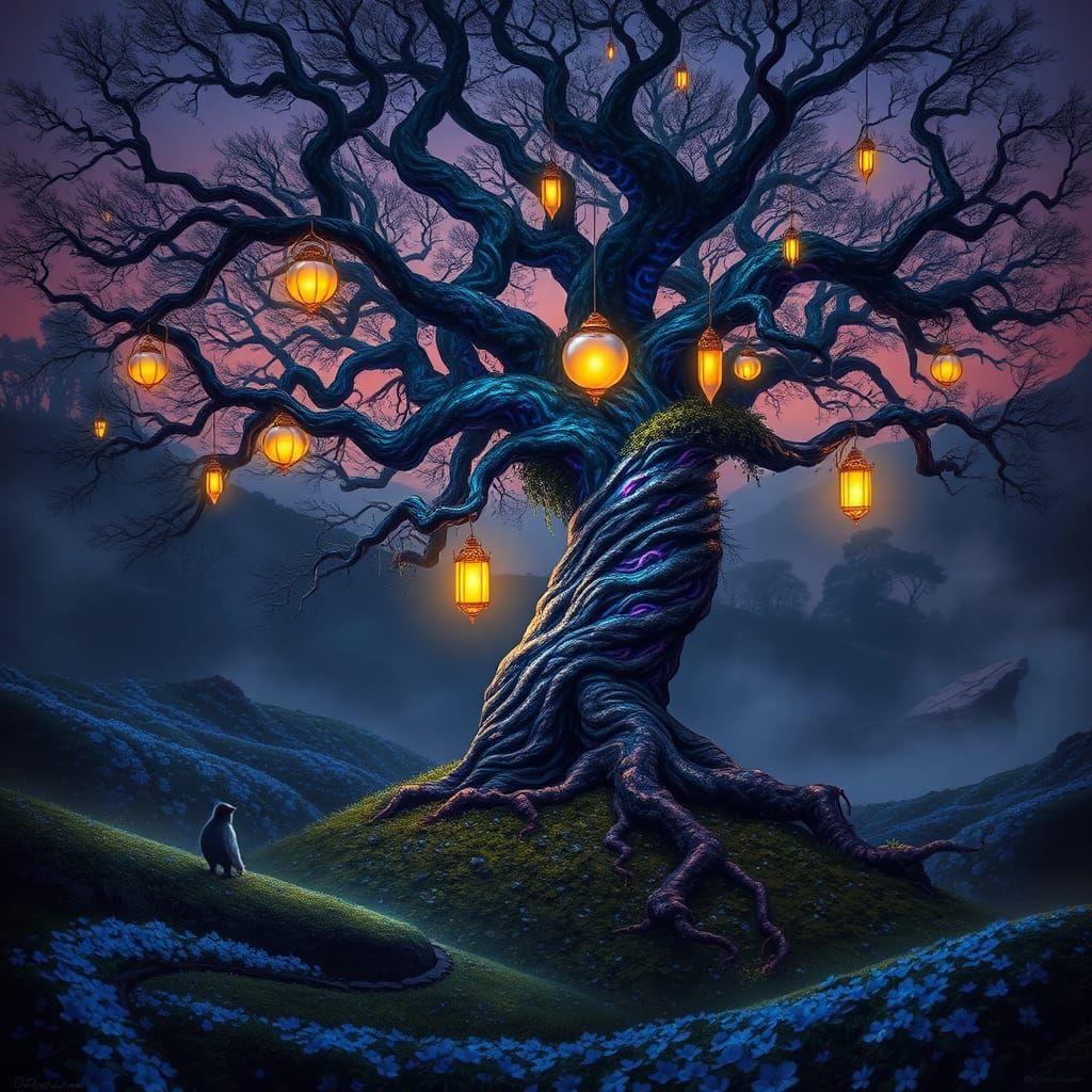 Ethereal Twilight Forest Scene with Ancient Tree and Glowing...