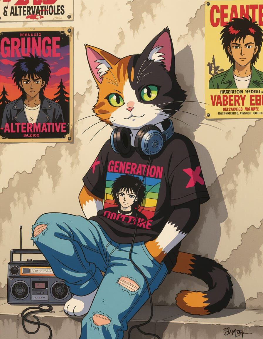 Vibrant 3D Anime Cat: 90s Grunge Aesthetic