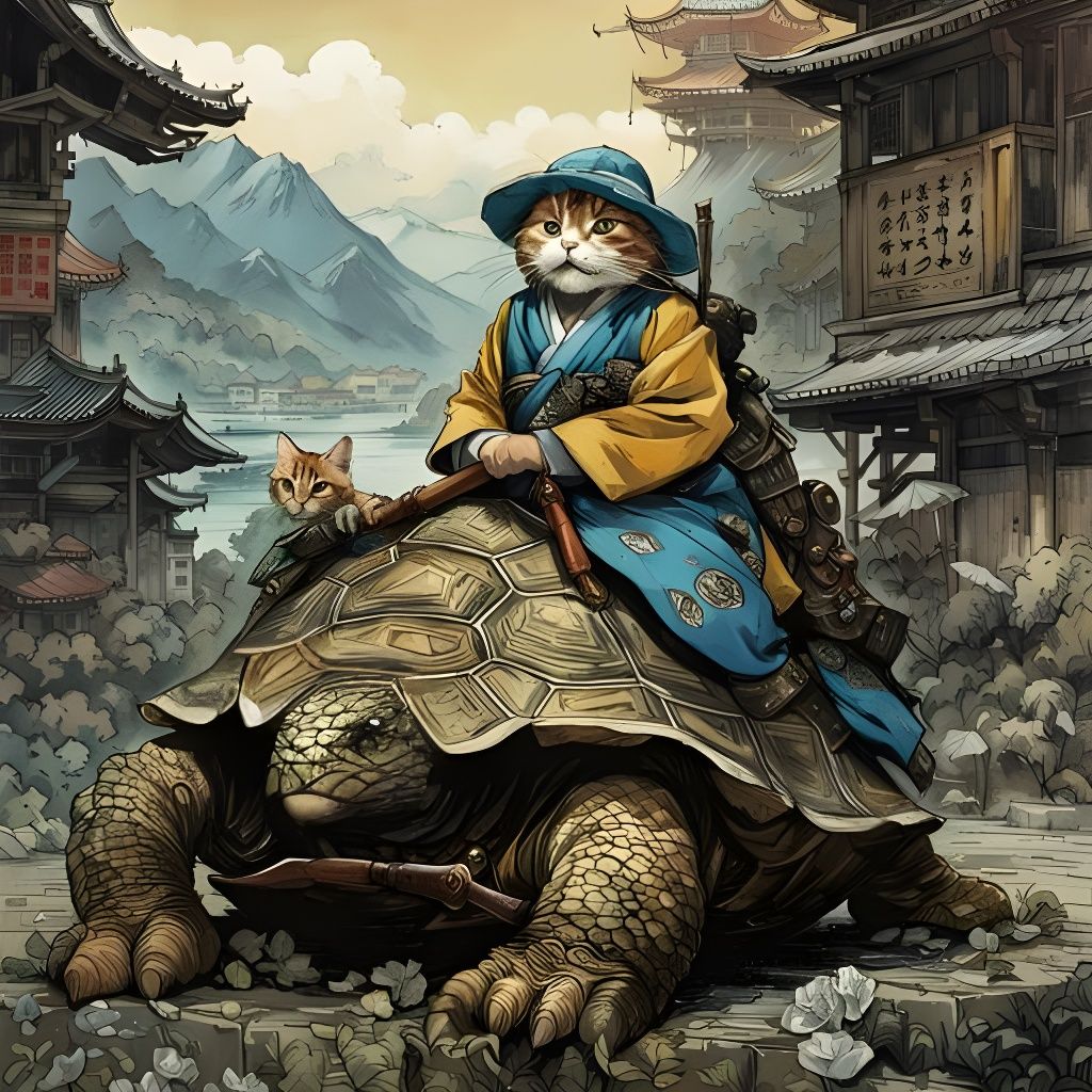 Cat Merchant on Turtle in Japanese Landscape