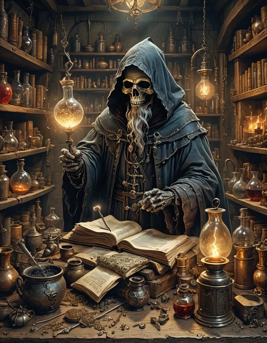 Reaper Alchemist in a Medieval Laboratory, Hyperdetailed