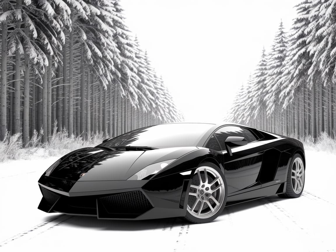 Sleek Black Sports Car Dominates Snowy Forest Landscape