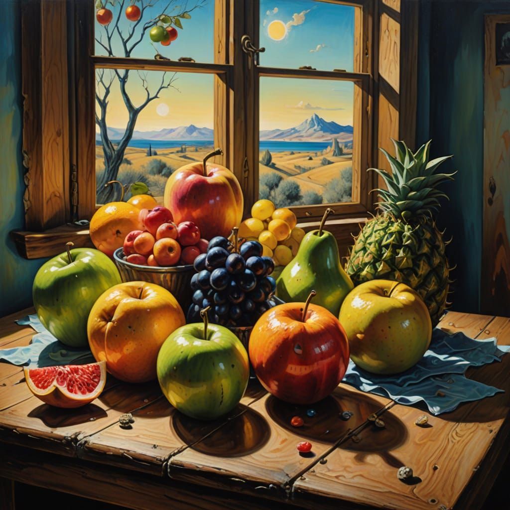 Surrealist Fruit Still Life in Vibrant Oil Painting