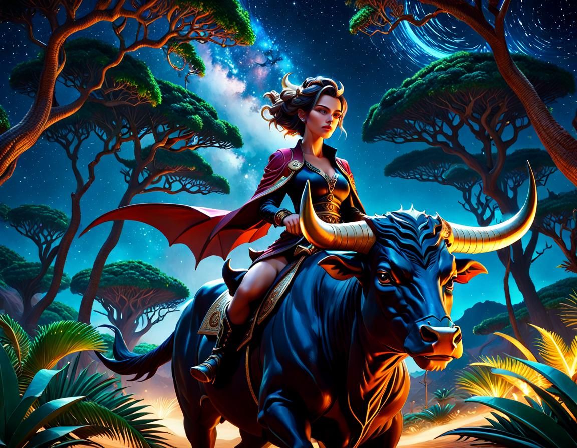 Ornate Woman Rides Bull on Socotra Island