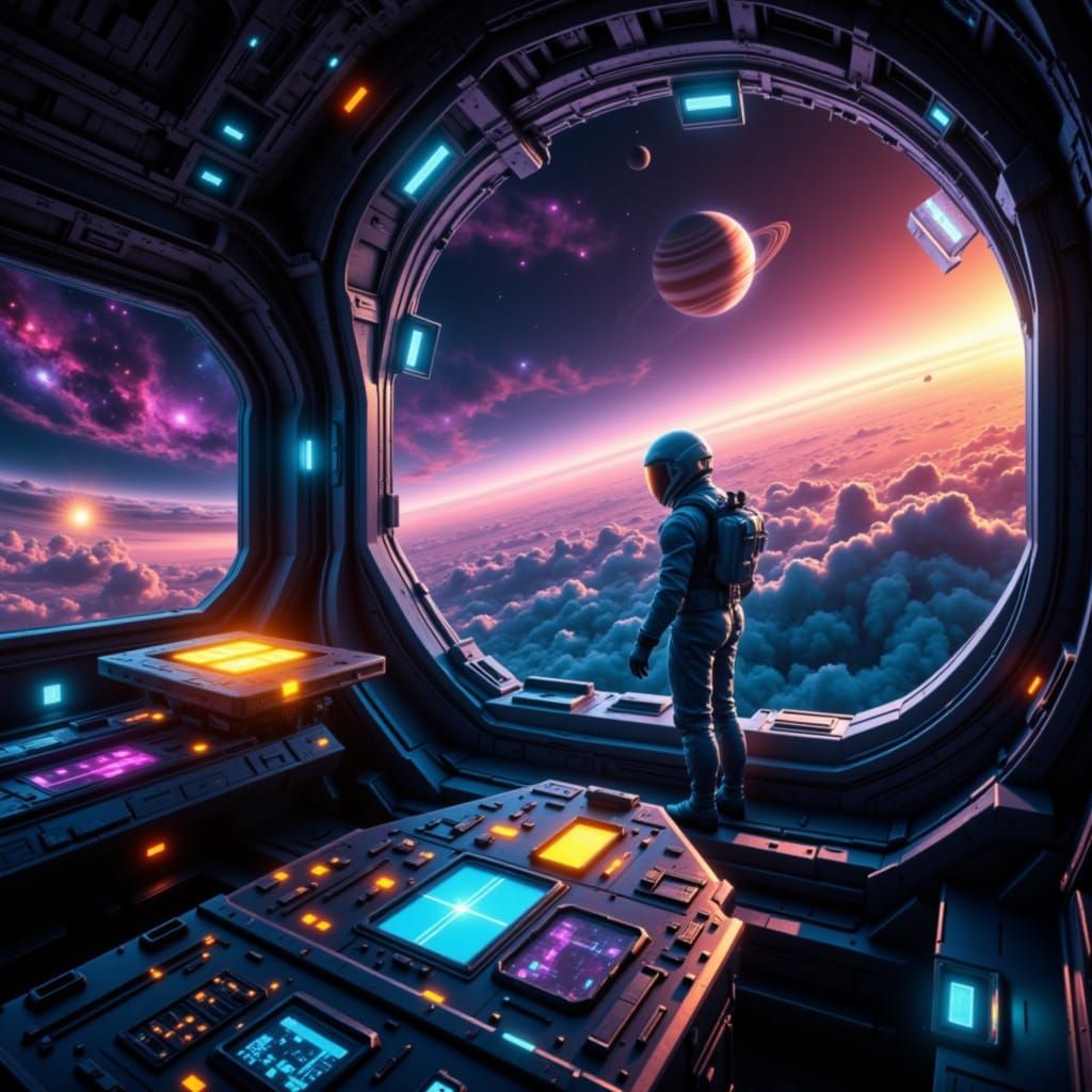 Marvel-Style Spaceship Soaring Past Saturn in 3D