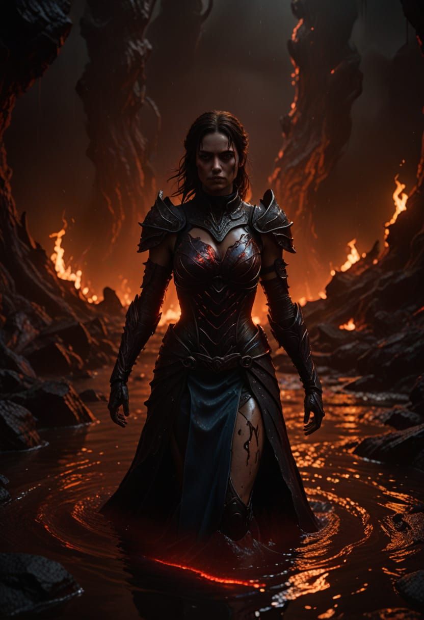 Female Figure in Crimson Pool, Dark Fantasy Digital Art