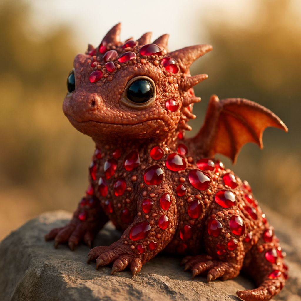 Charming Red Dragon Sits on a Rock in Warm Sunlight