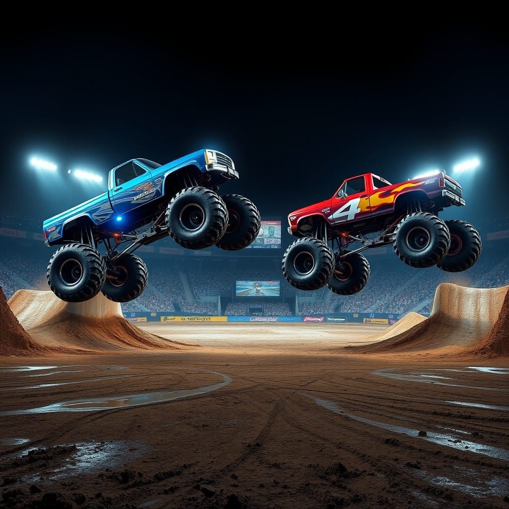 Metallic Blue and Fiery Red Monster Trucks Soar Through the ...