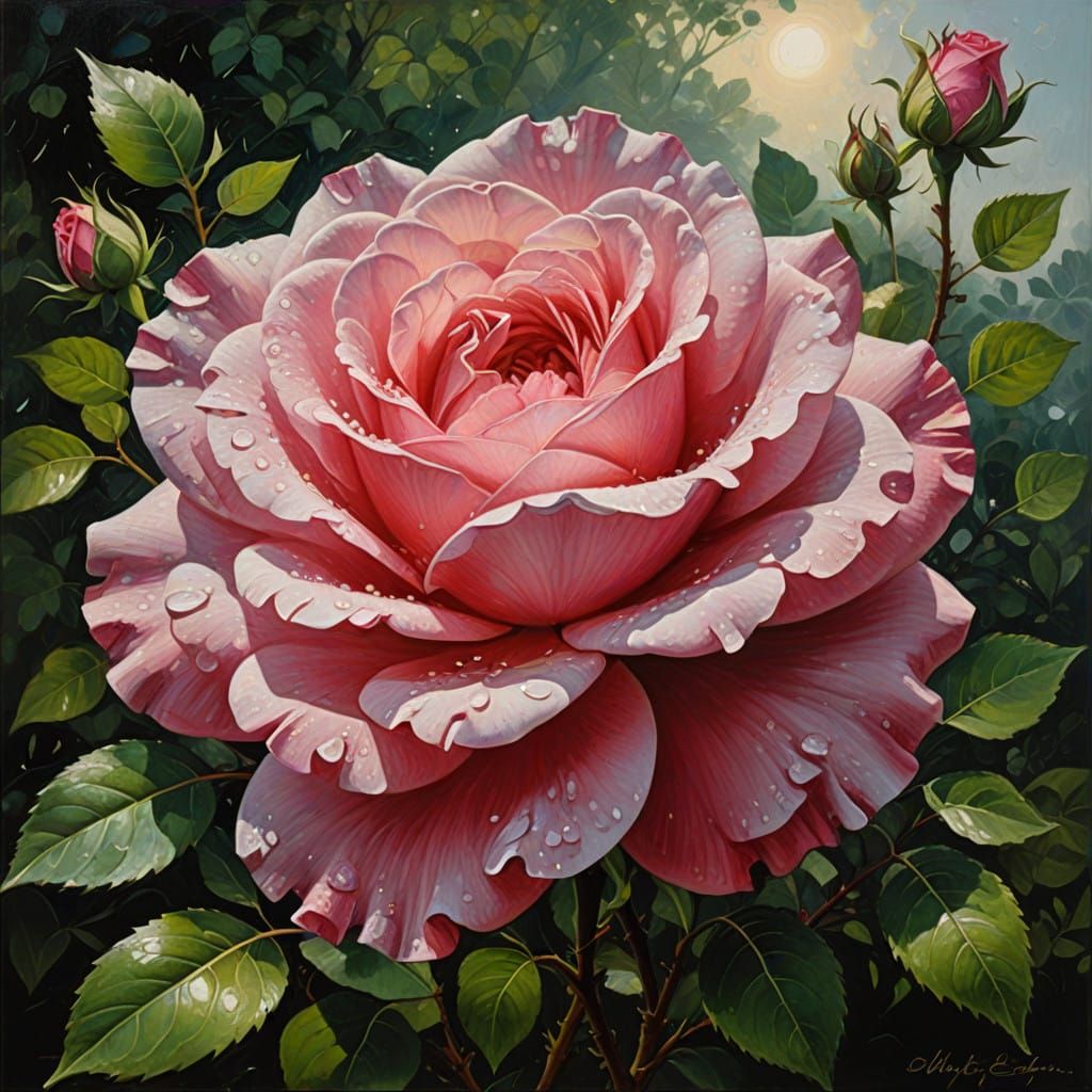 Luxurious Deep Pink Rose with Emerald Leaves in Impasto Styl...