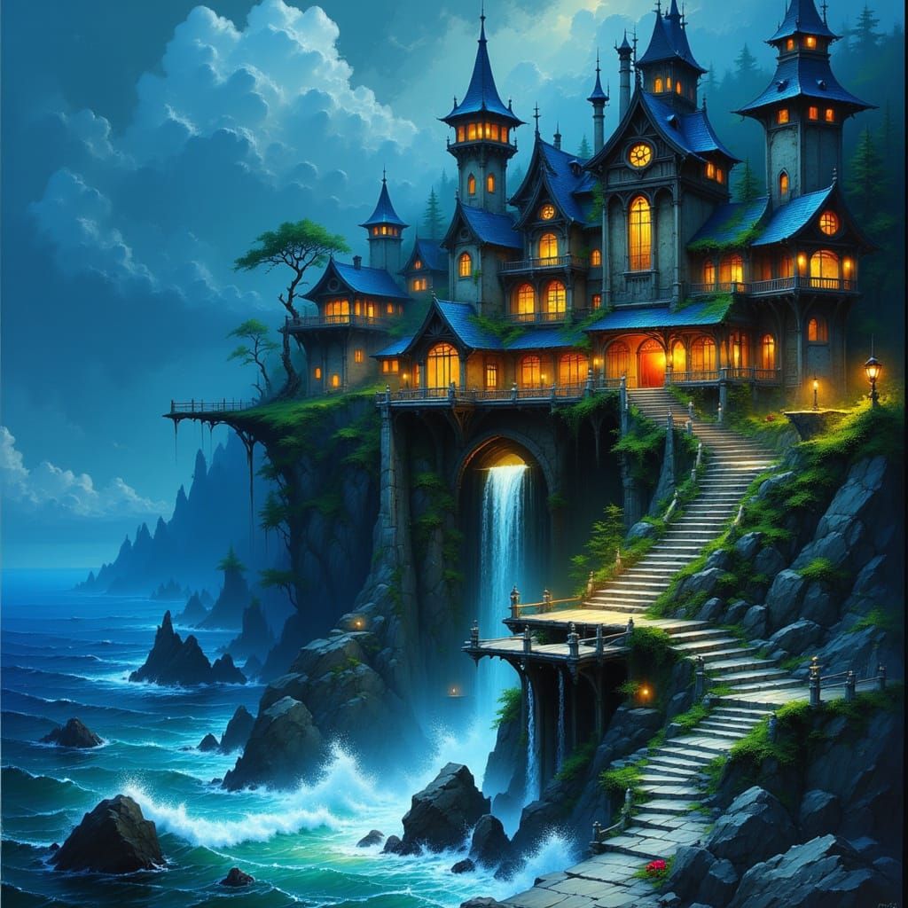 Gothic Medieval Mansion on Dramatic Seaside Cliffs