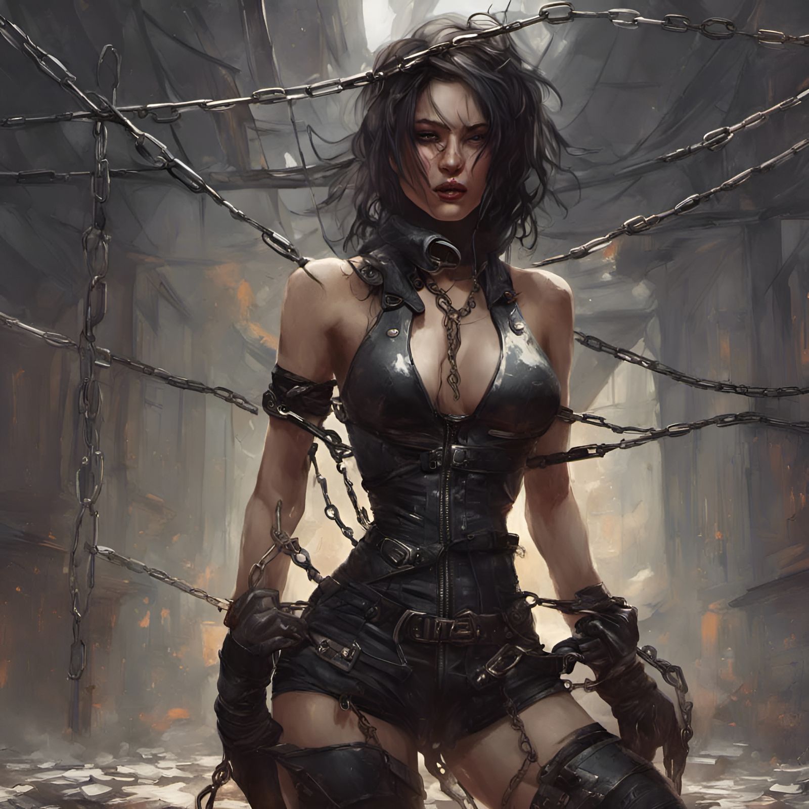 Bound Woman in Latex Harness: Hyperdetailed Fantasy Art