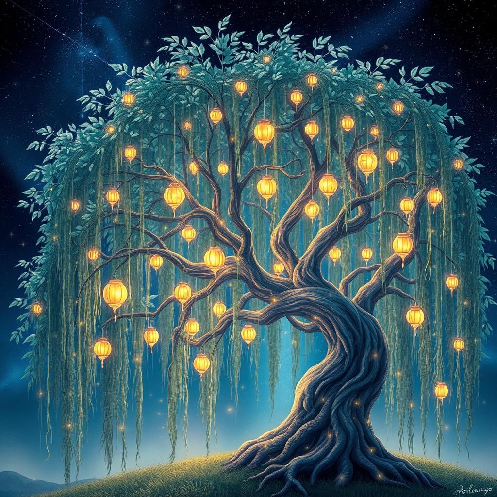 Ethereal Willow Tree with Glowing Lanterns