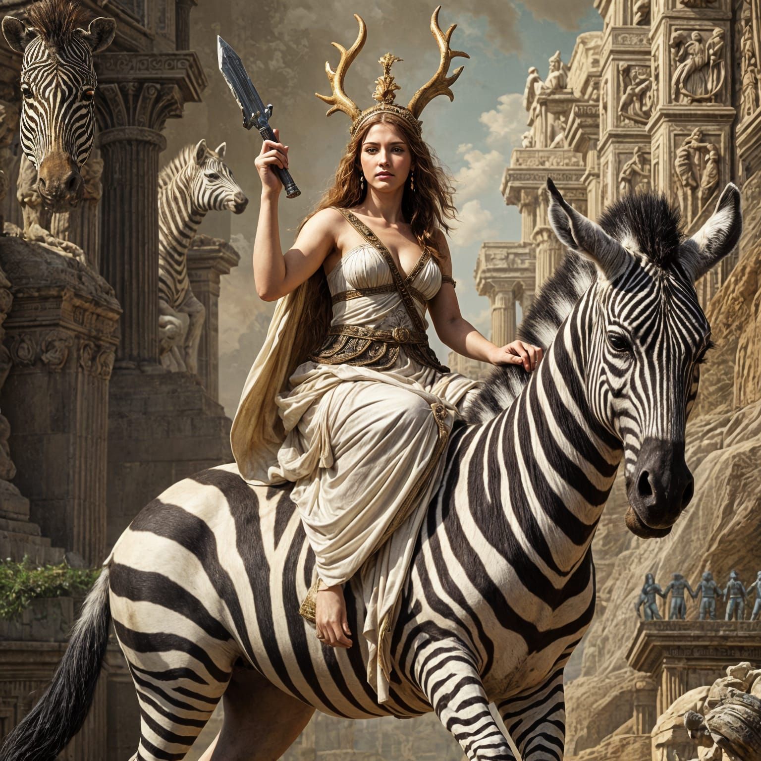 Woman and Faun on Zebra in Ancient Greece