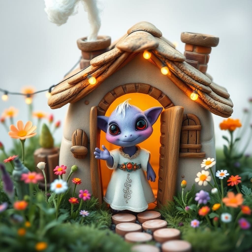 Whimsical Cottage with Purple Creature, Watercolor Style