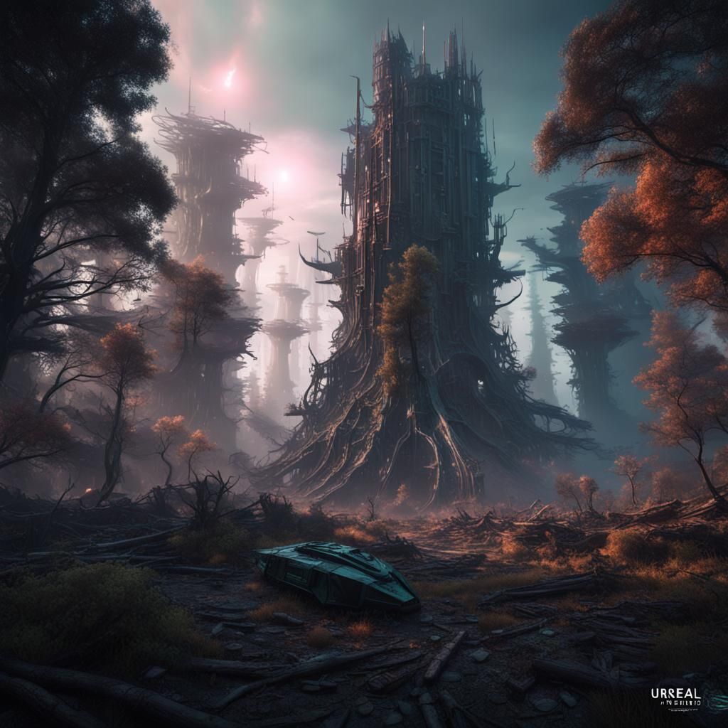 Cyberpunk Horror: Enigmatic Forest with Spaceship Wreckage