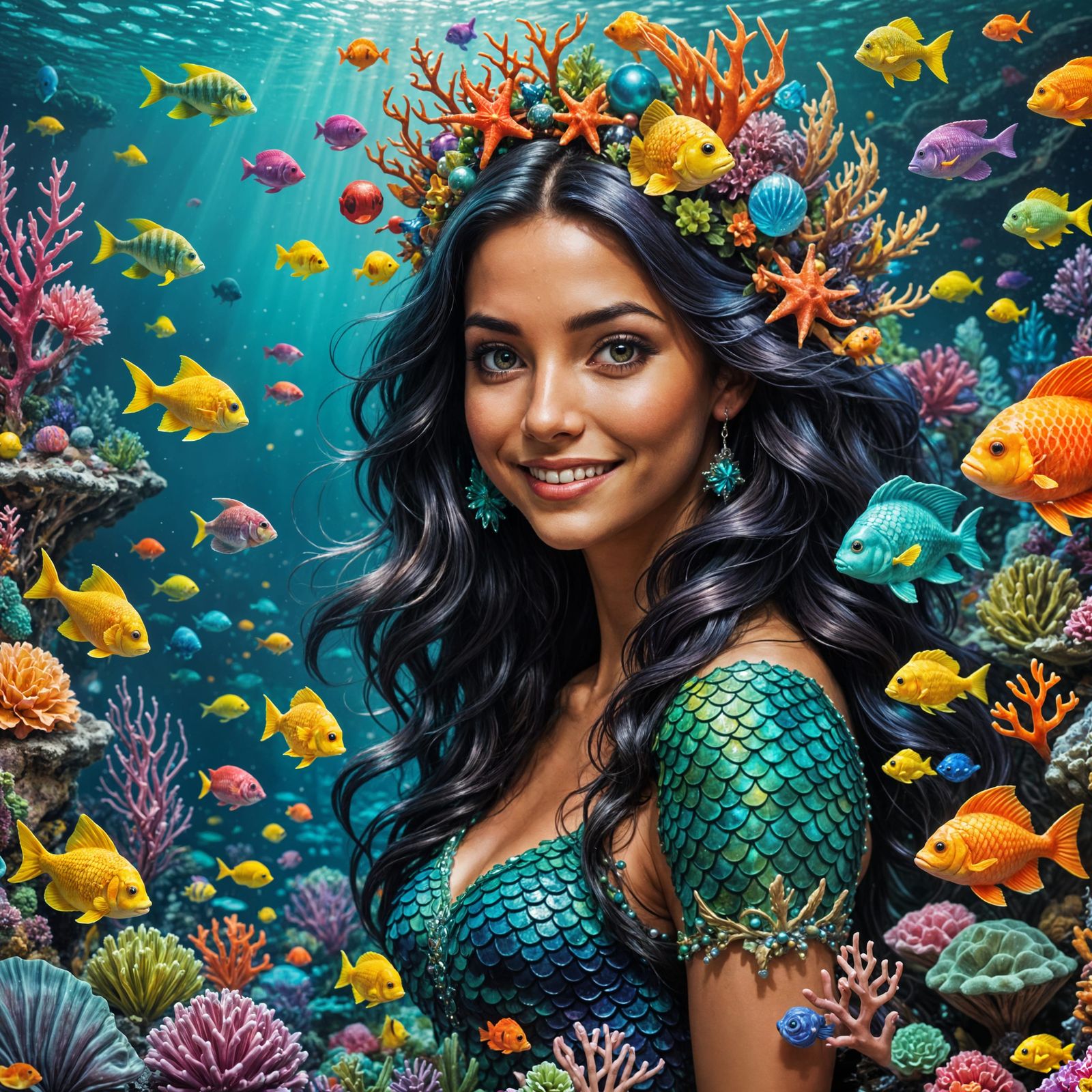 Beautiful Mermaid Decorating Coral Reef with Ornaments