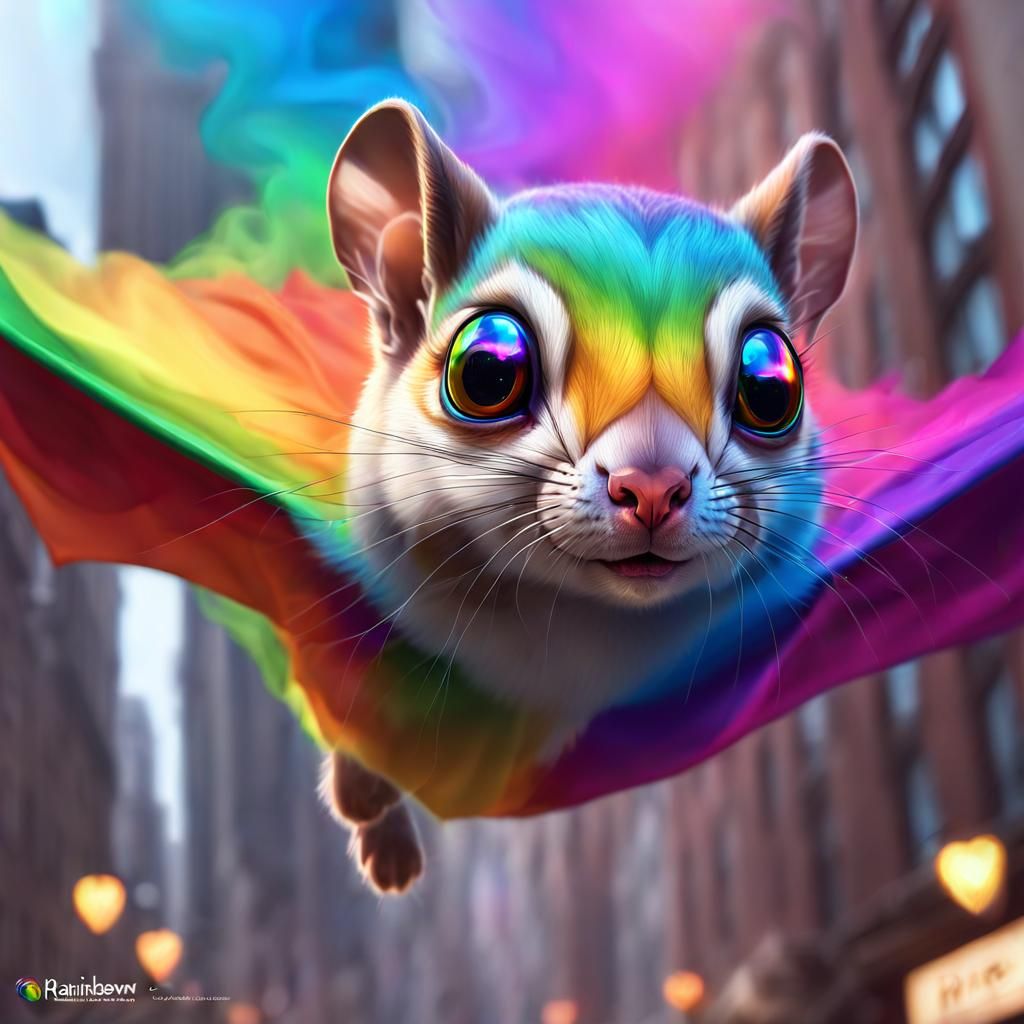 Rainbow Flying Squirrel Portrait in Cityscape