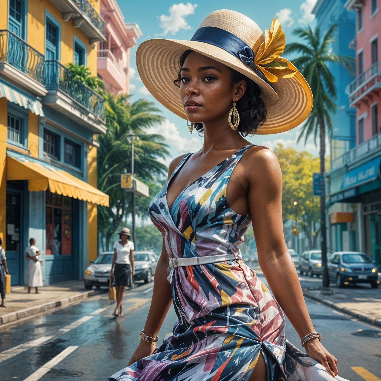 Barbadian Woman on Boulevard in Hyperrealistic Style