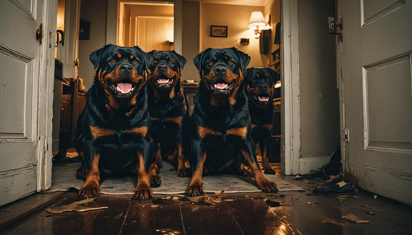 Aggressive Rottweilers Fill a Darkened Apartment