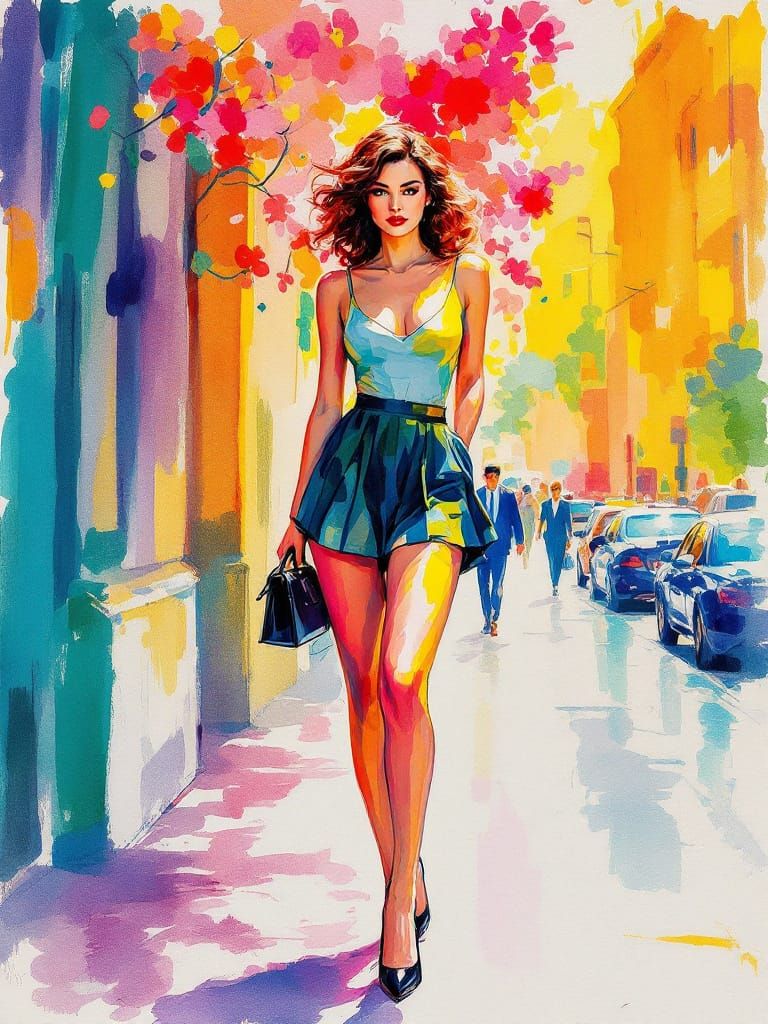Fauvist Pin-Up Woman in Vibrant Cityscape