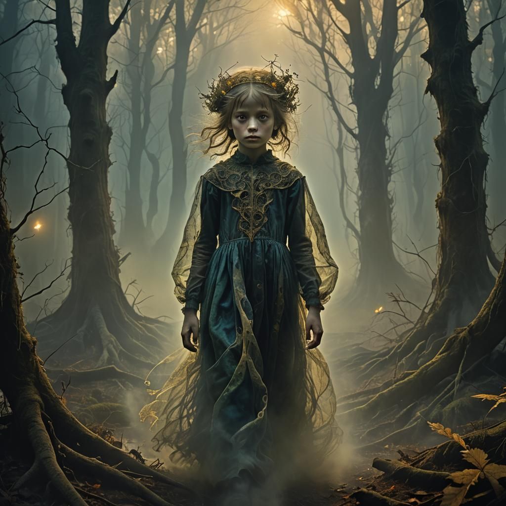 Sinister Child Spirit in Dark Fantasy Forest