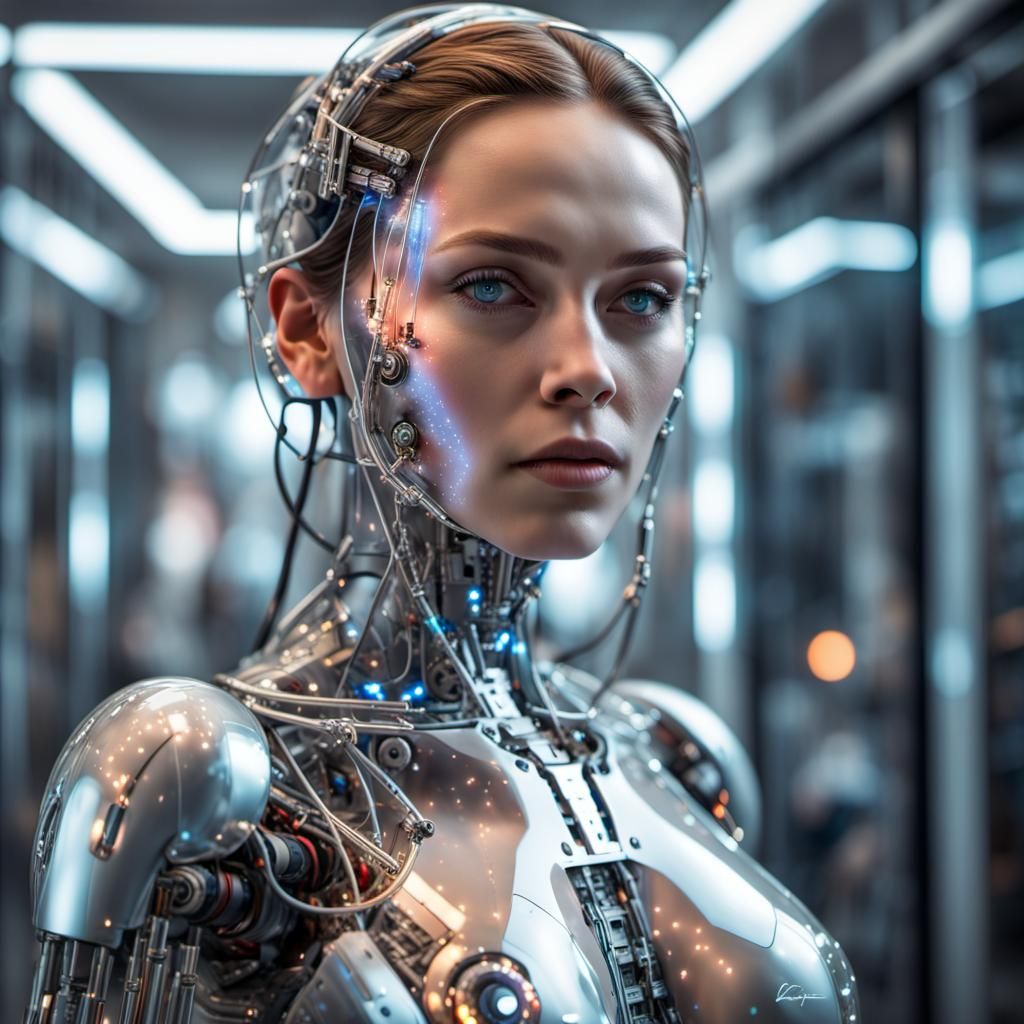 Glass Robotic Woman with LED Lights: Hyperrealistic Futurism