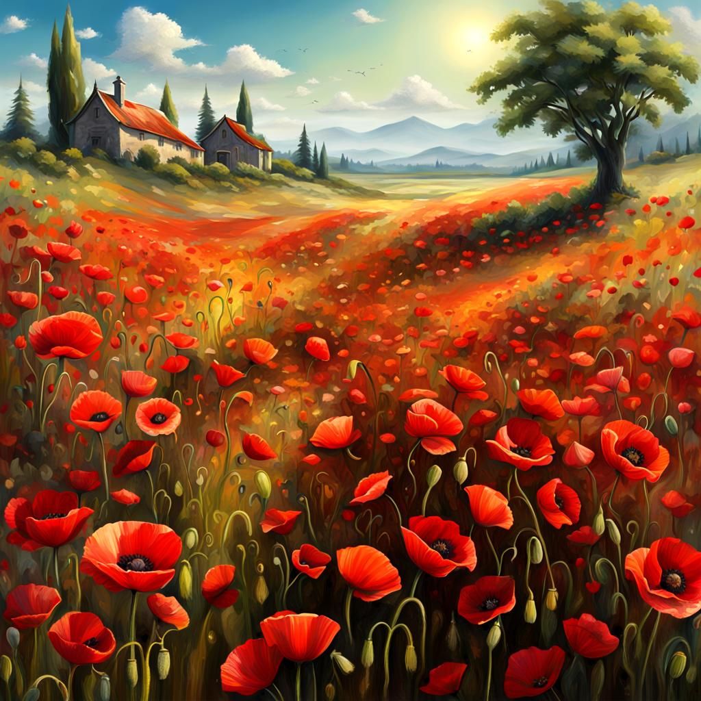 Colorful Poppies Field in Mixed Painting Styles