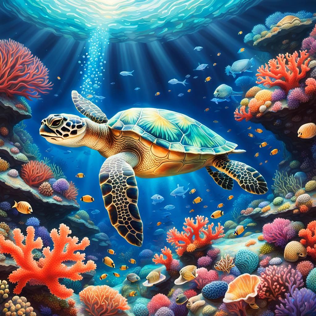 Vibrant Coral Reef with Sea Turtle in Crystal Art