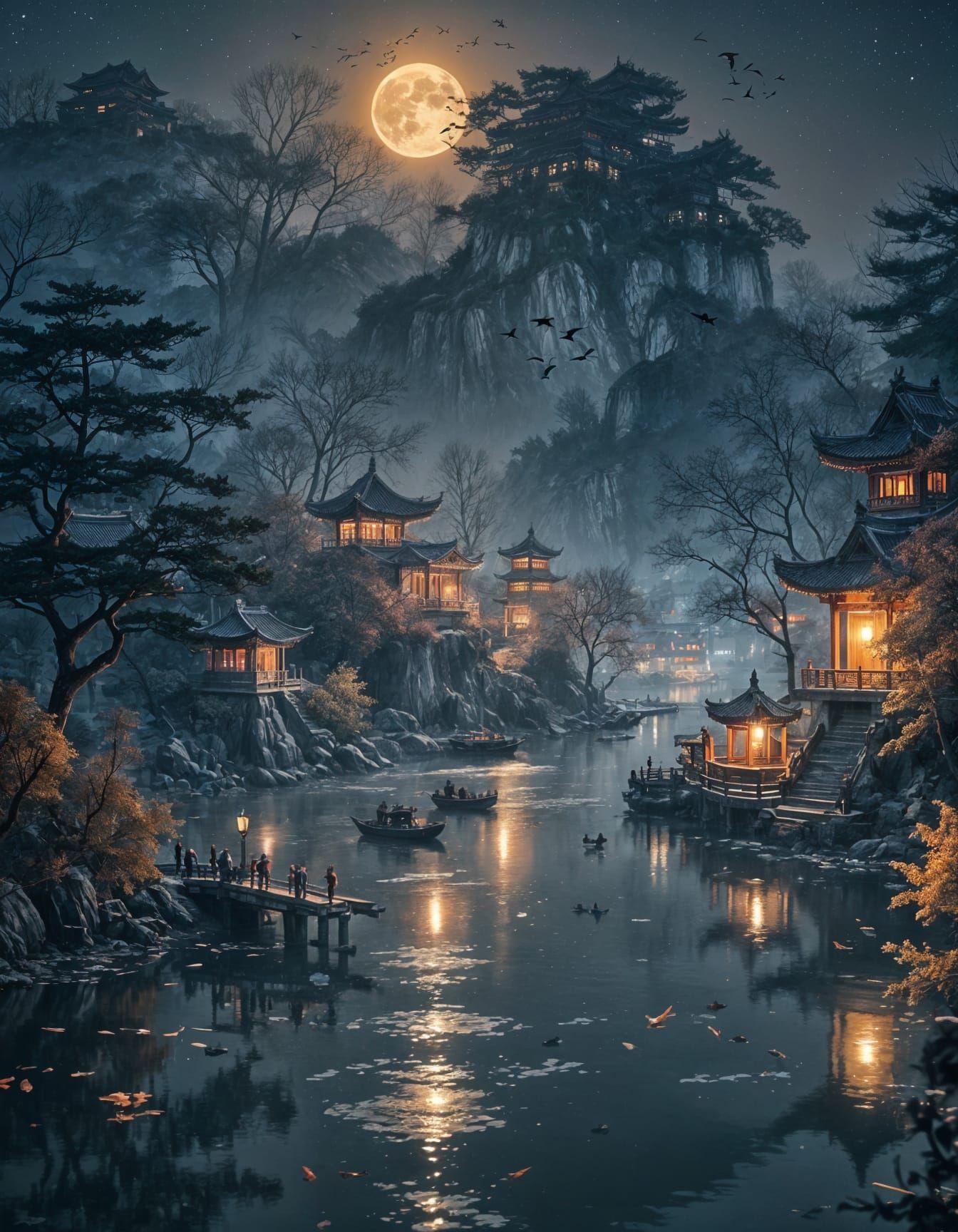 Moonlit Hanshan Temple: A Tranquil River Scene
